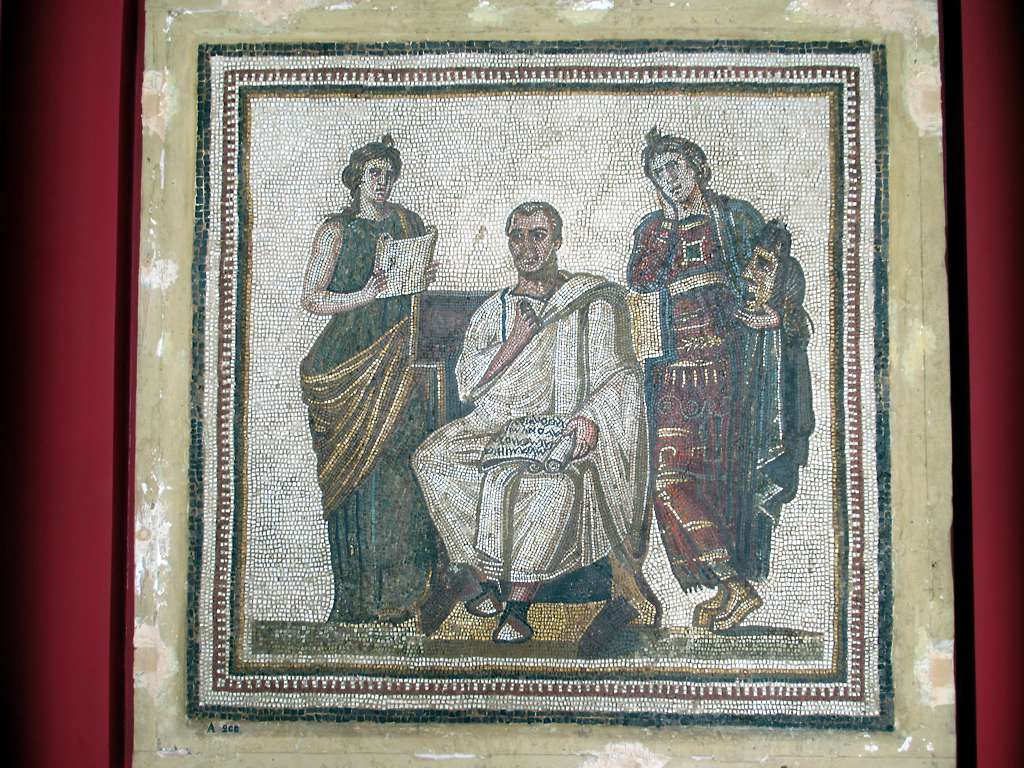 The Virgil mosaic showing the Roman poet seated between two Muses at the Bardo Museum