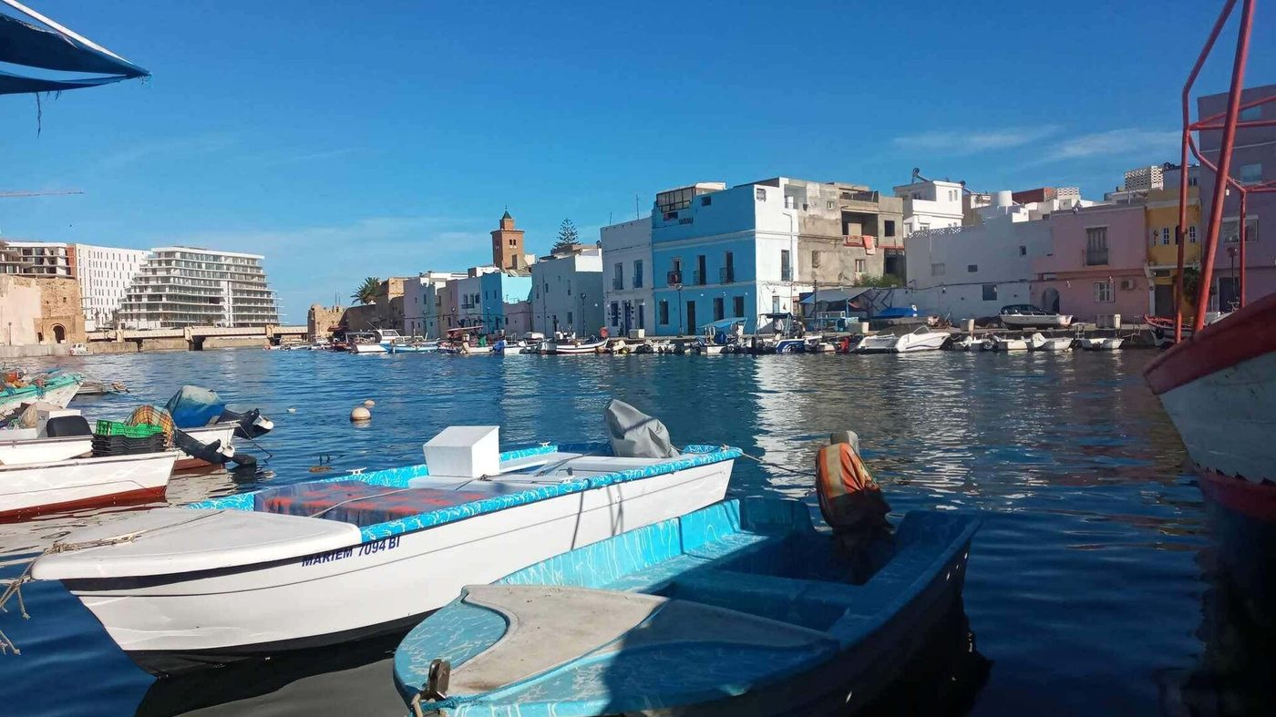 The old fishing harbour at Bizerte in northern Tunisia, with pastel houses and boats