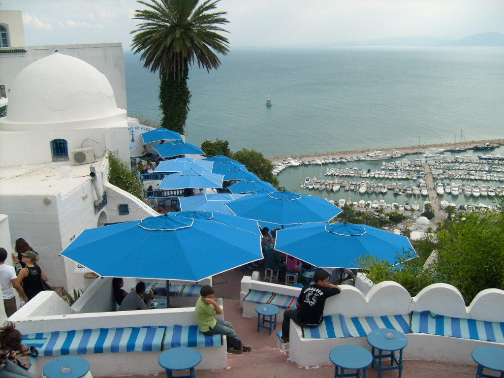 The blue-and-white clifftop village of Sidi Bou Said above the Bay of Tunis, a popular day trip from Hammamet