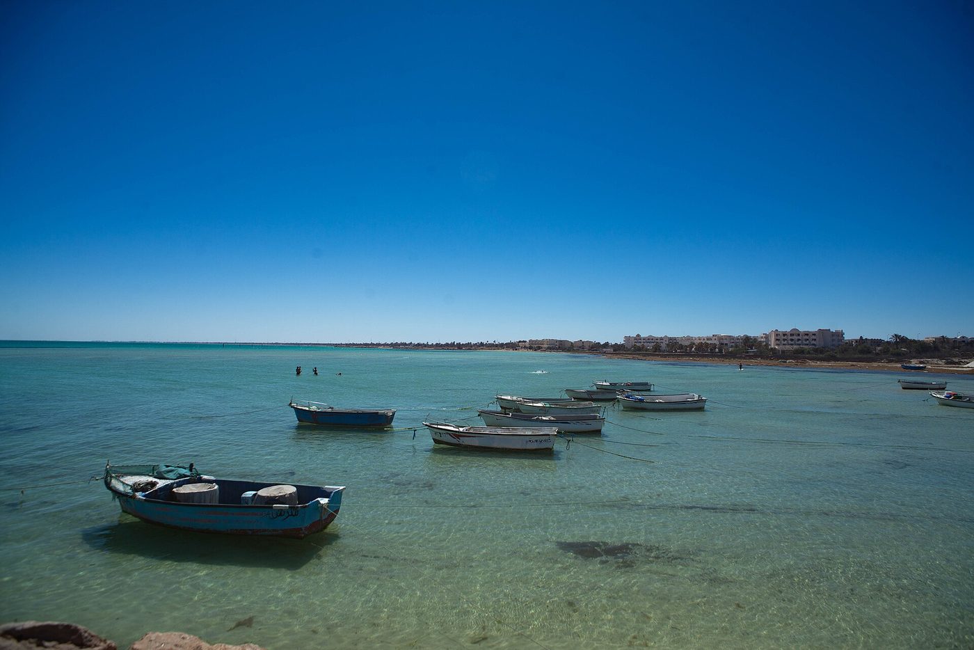 The wide golden-sand beach at Aghir on the east coast of Djerba, Tunisia, backed by palm trees