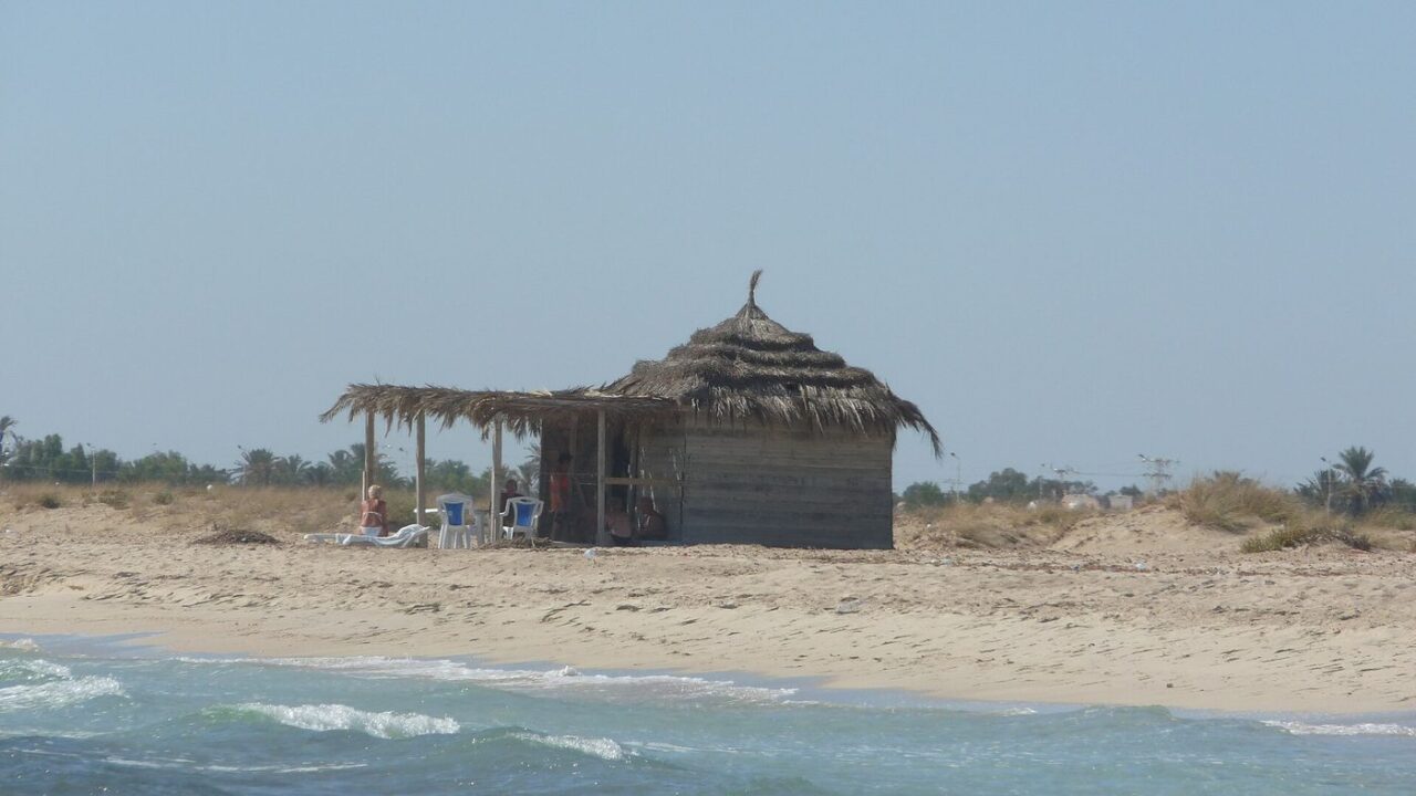 A soft-sand Djerba beach in Tunisia with palm trees and calm, shallow turquoise sea