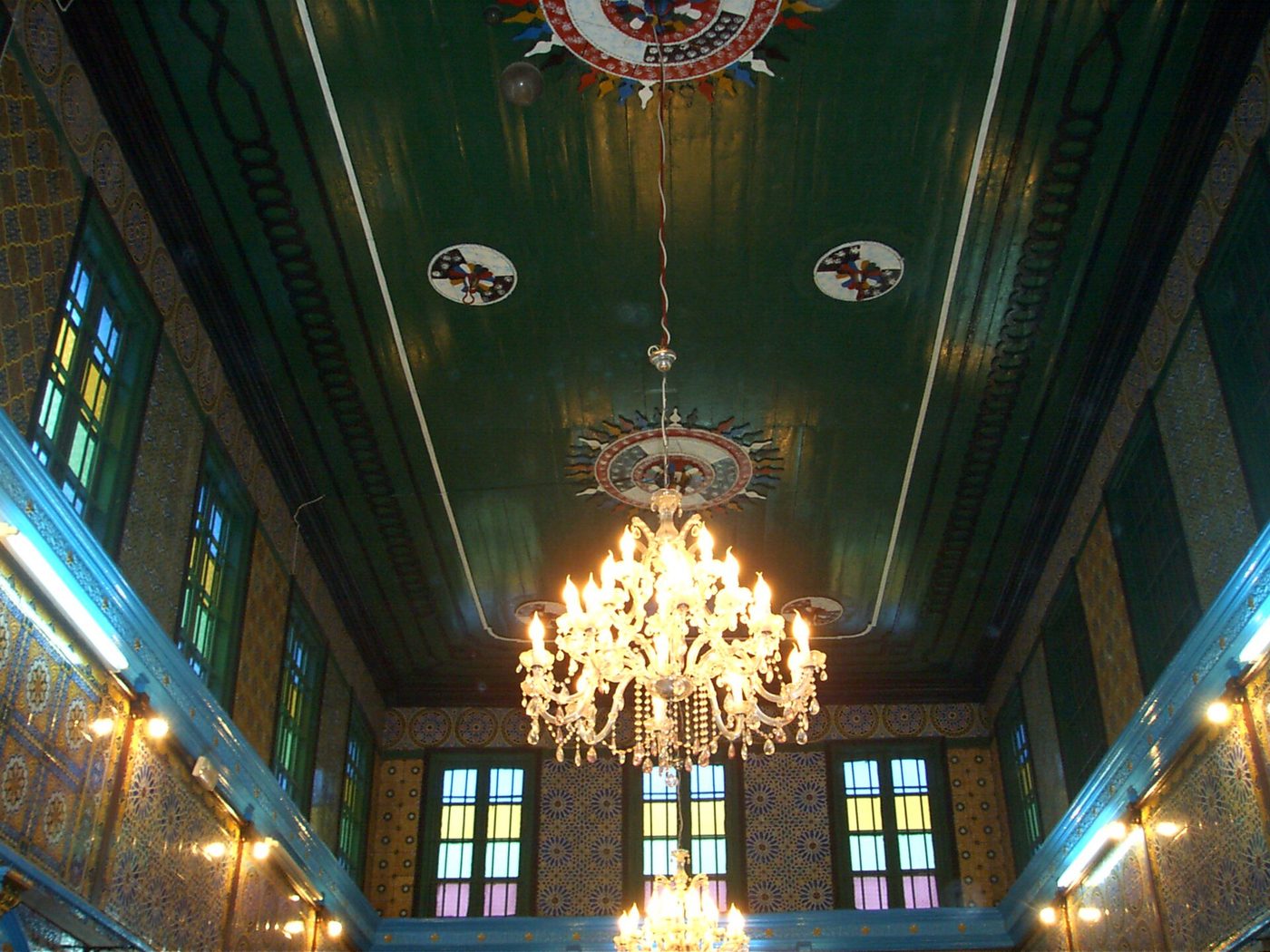 The tiled interior of the historic El Ghriba synagogue in Erriadh, Djerba, one of the oldest synagogues in North Africa