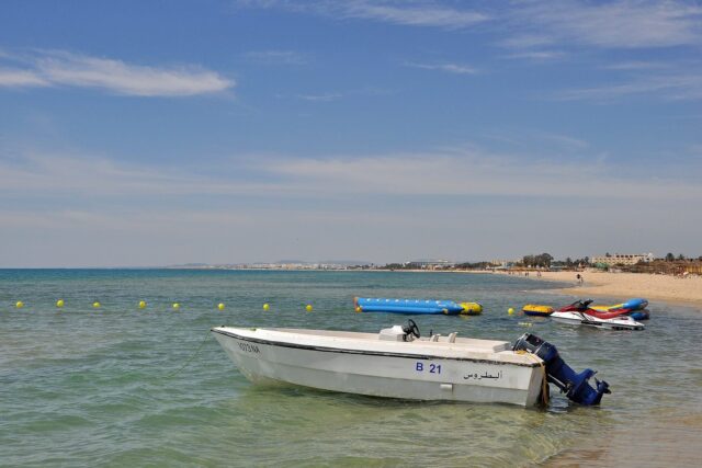 The fine sandy beach at Hammamet, Tunisia, the calmer of the Hammamet or Sousse choice for a family beach holiday