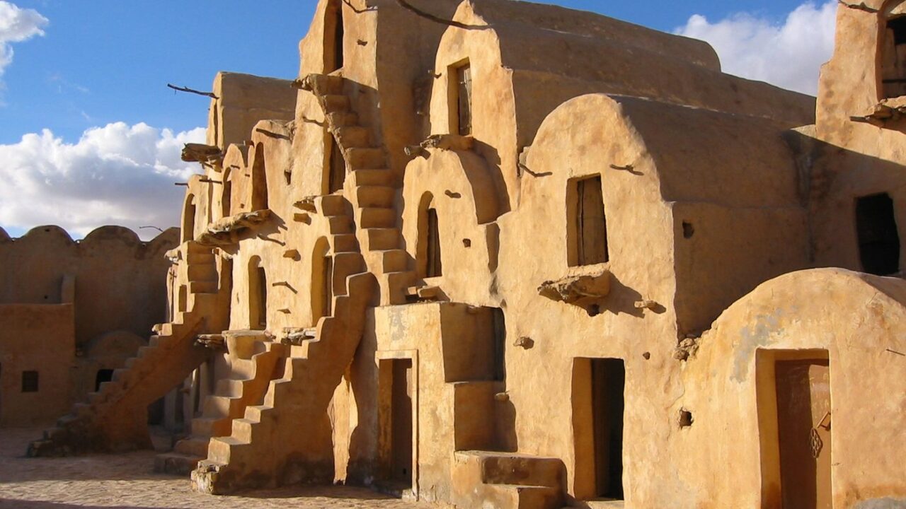 Stacked ghorfa storage cells at Ksar Ouled Soltane, a fortified Berber granary near Tataouine