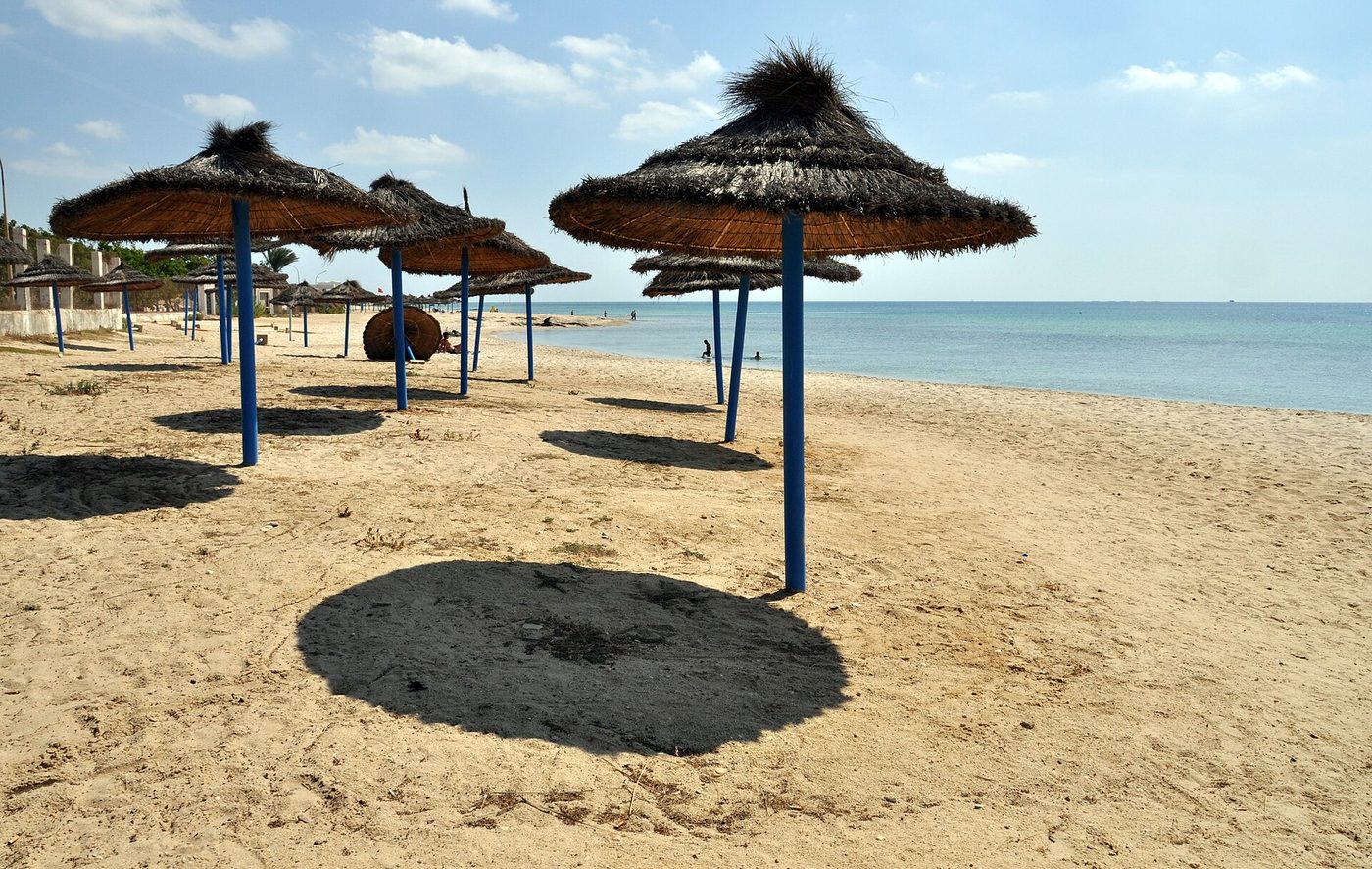 The sandy Mediterranean beach at Nabeul on Tunisia's Cap Bon coast