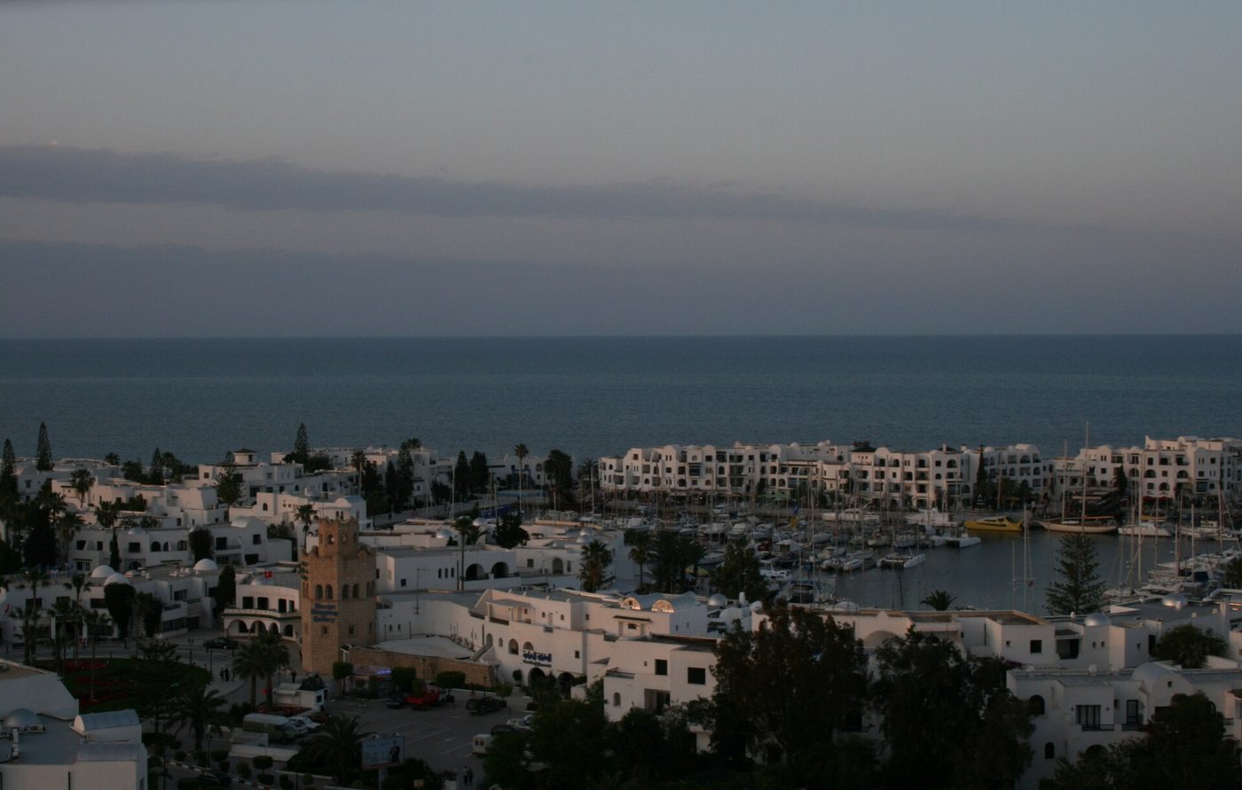 The marina and whitewashed resort of Port El Kantaoui near Sousse at dusk