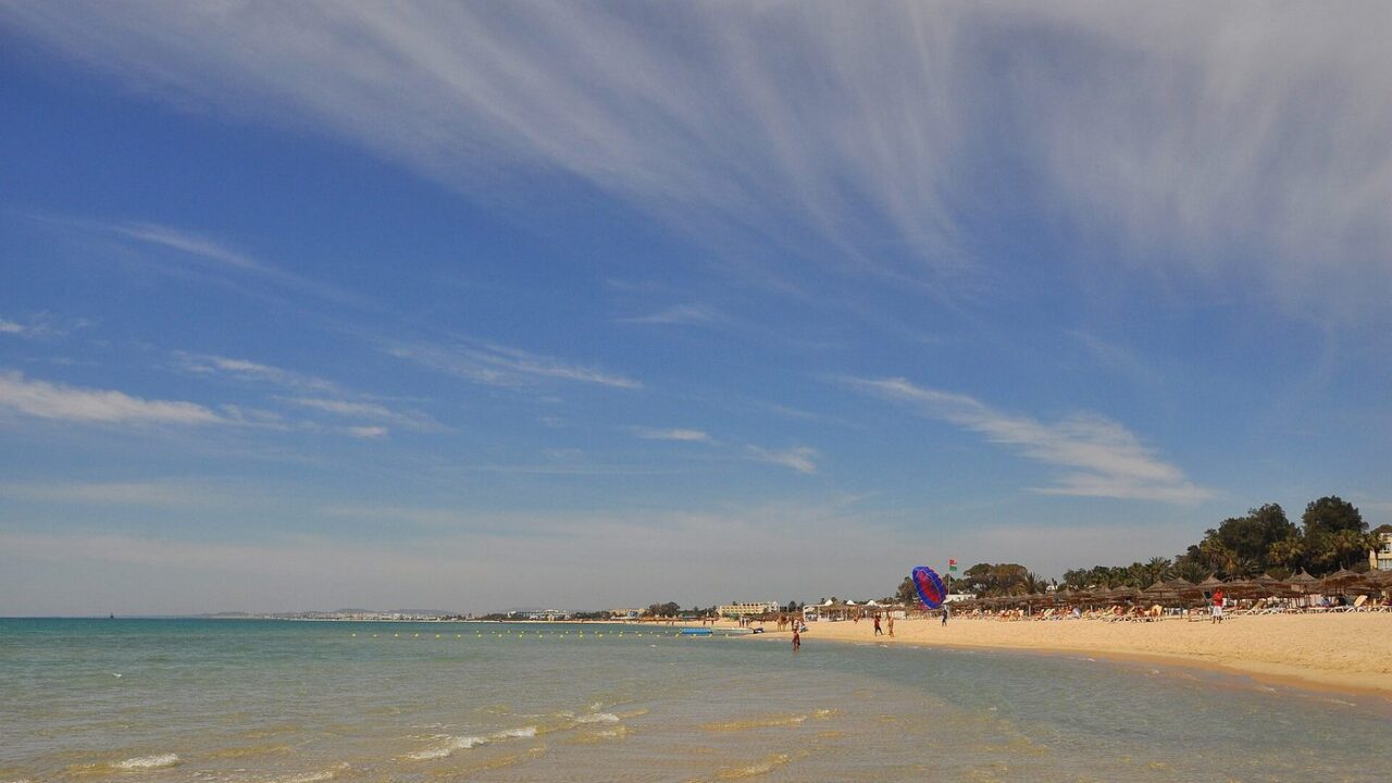 The sandy beach and turquoise sea at Hammamet, Tunisia, warm in May