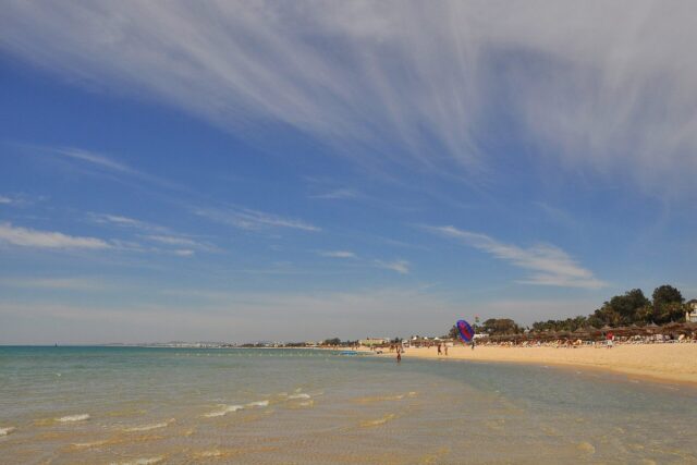 The sandy beach and turquoise sea at Hammamet, Tunisia, warm in May