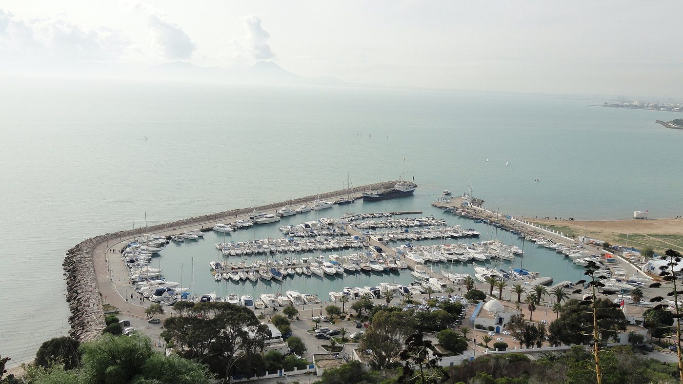 View over the Gulf of Tunis and the marina from the clifftop at Sidi Bou Said