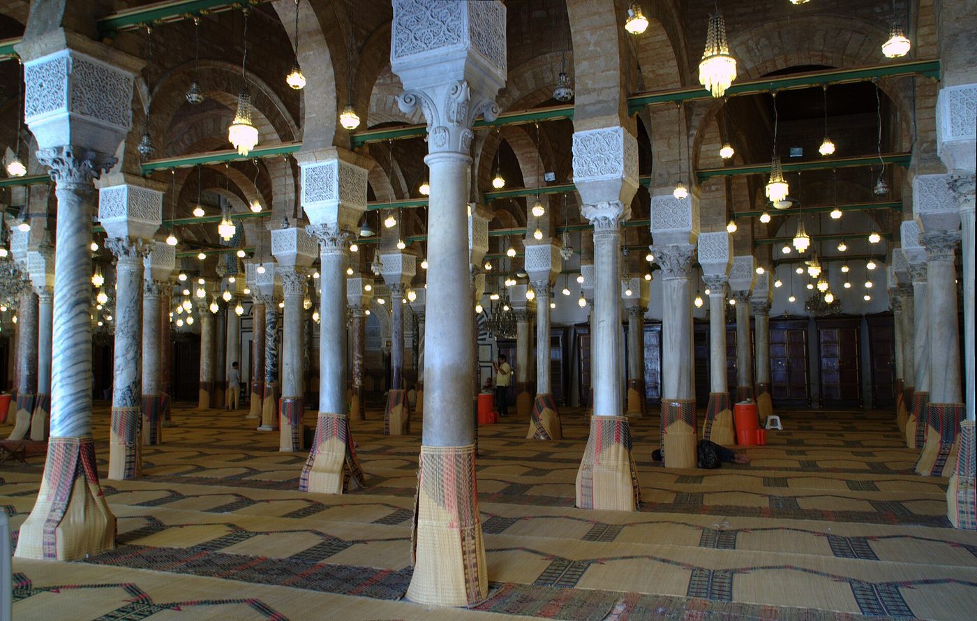 Marble courtyard and arcades of the Great Mosque of Ez-Zitouna in the Tunis medina