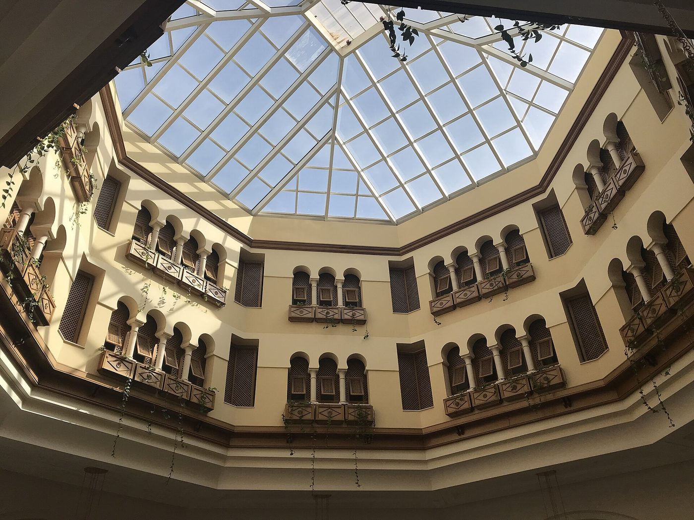 The glass-roofed atrium of a resort hotel at Gammarth, an upmarket seaside suburb of Tunis