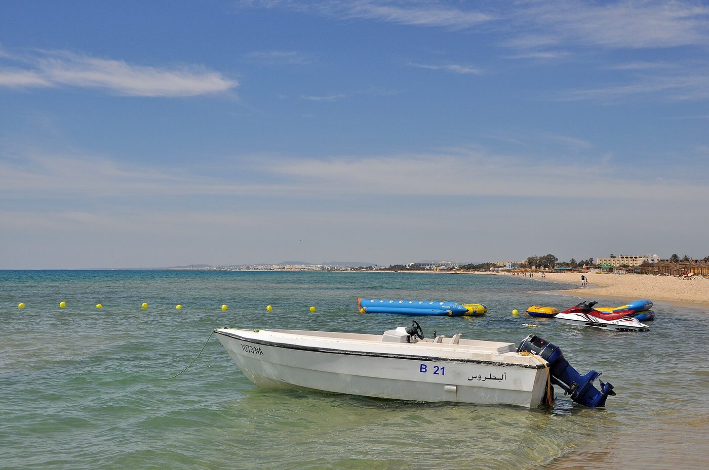 The wide sandy beach and calm sea at Yasmine Hammamet on the Gulf of Hammamet