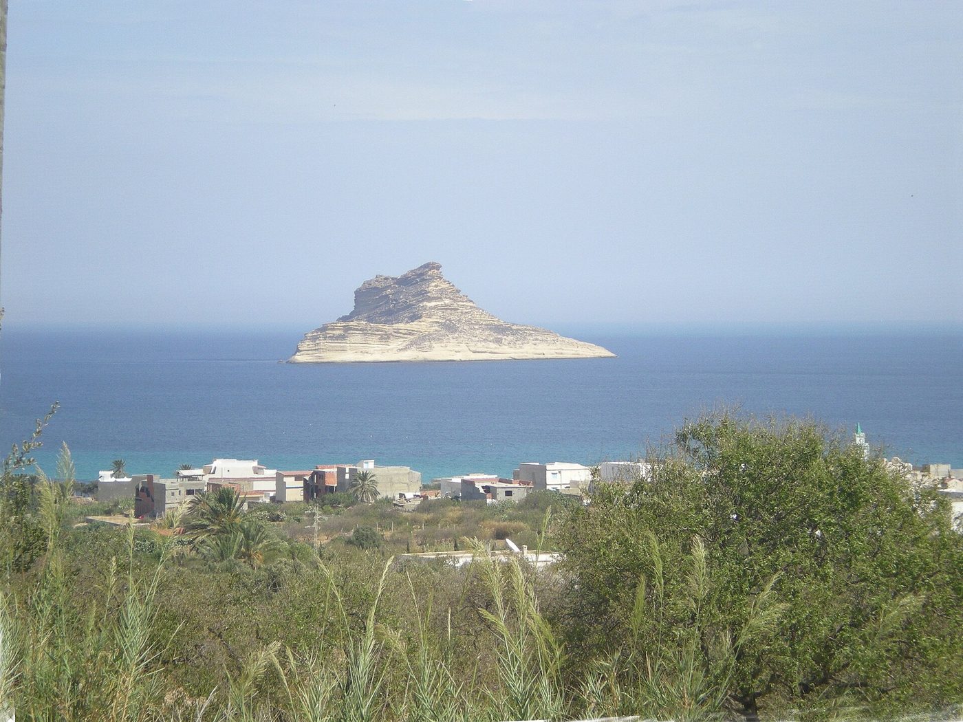 The bay at Rafraf with the Pilau rock offshore, northern Tunisia