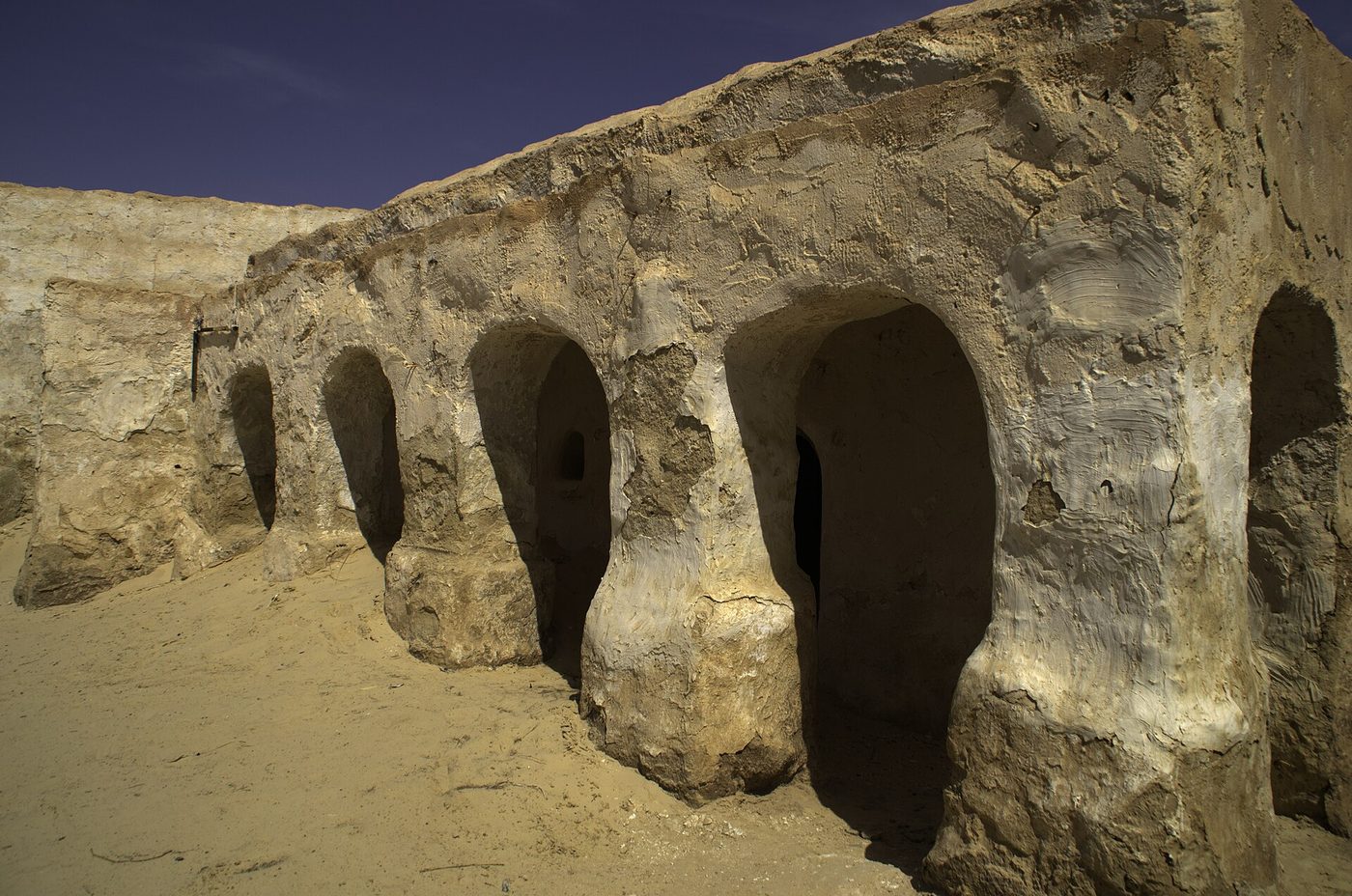 Structures of the Mos Espa film set at Ong Jmel, in the desert beyond Nefta near Tozeur