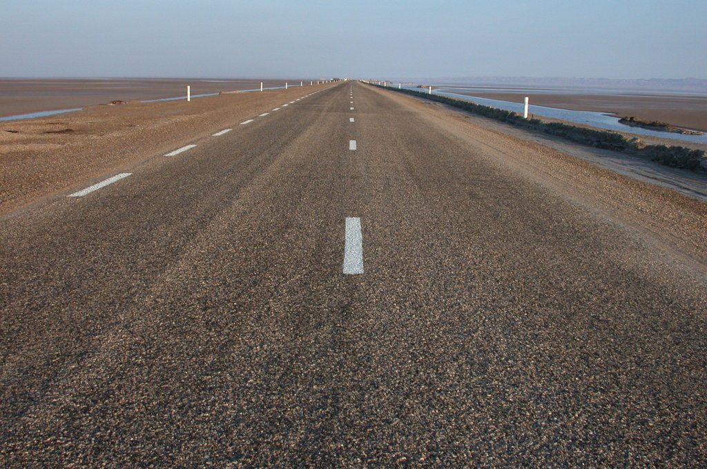 The causeway carrying the road across Chott el Jerid between Tozeur and Kebili