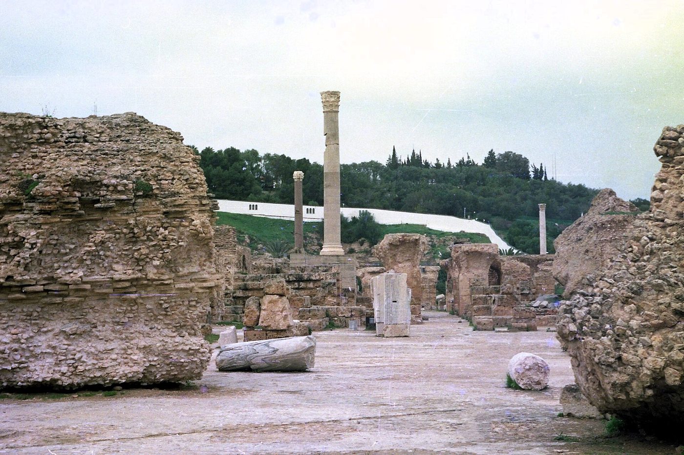 The surviving frigidarium column towering over the ruined Antonine Baths at ancient Carthage