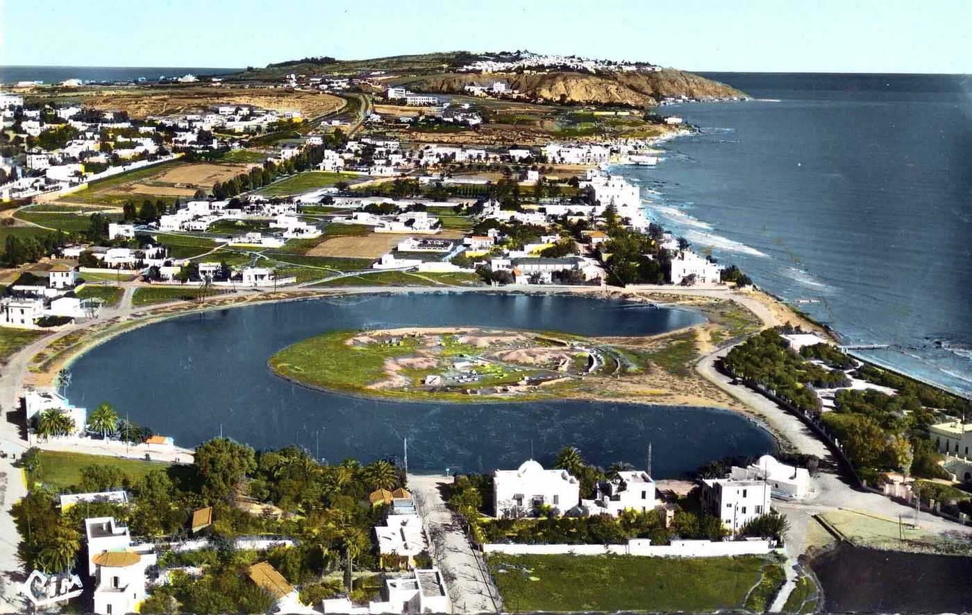Aerial view of the circular Punic military harbour at Carthage with the admiral's island at its centre